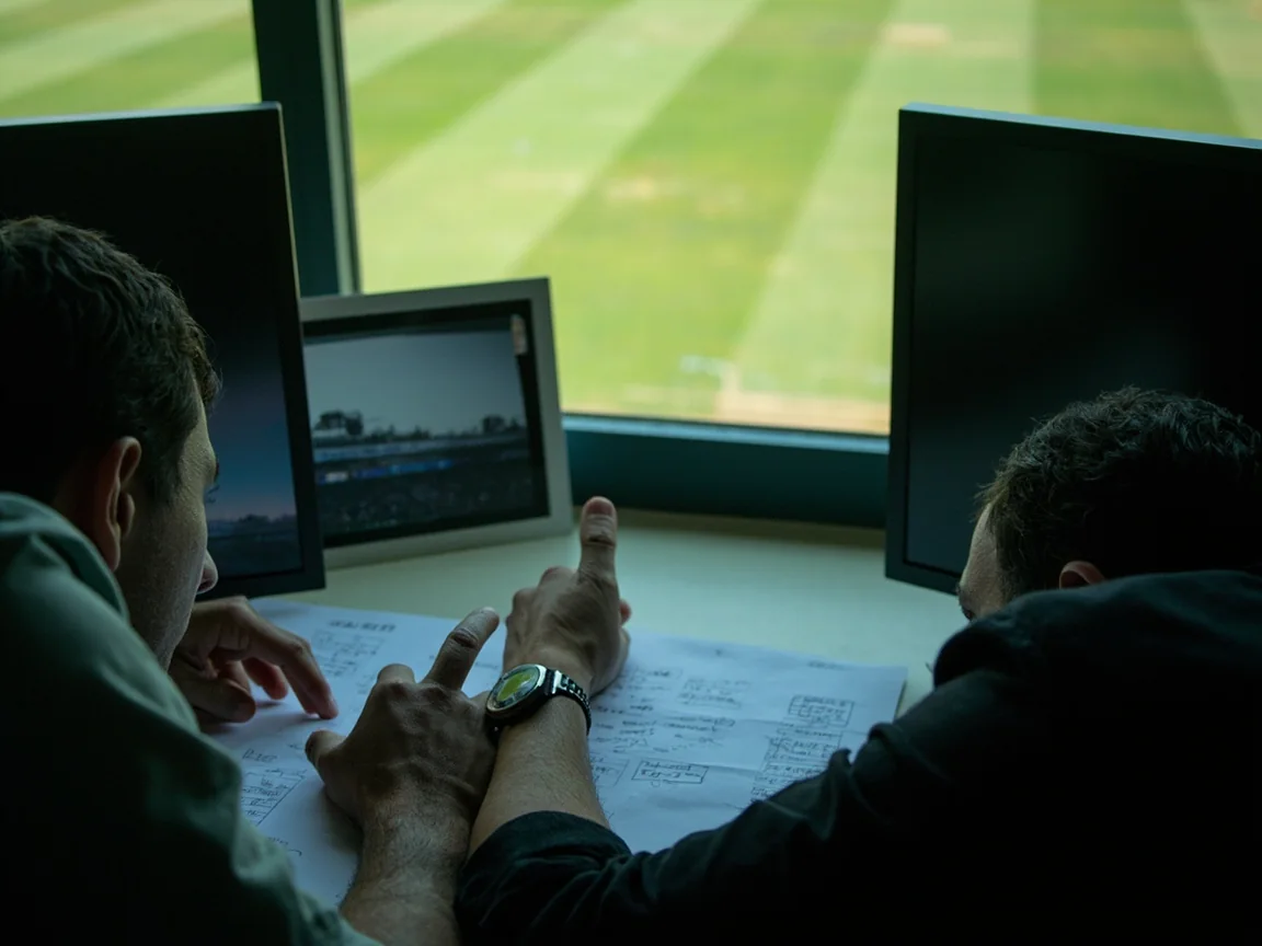 Editors checking camera footage and fixture notes in a compact newsroom after a practice session