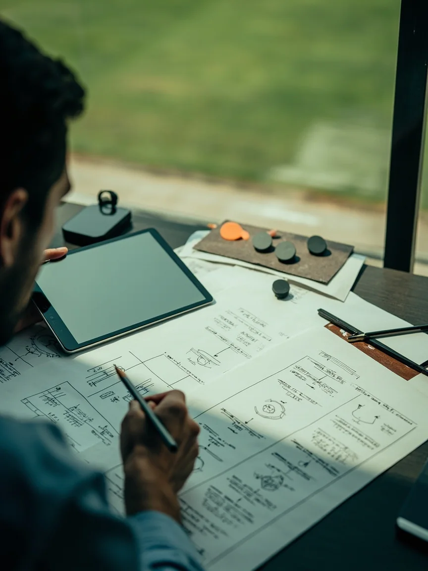 A strategist reviewing handwritten role diagrams and an unbranded tablet in a stadium media room