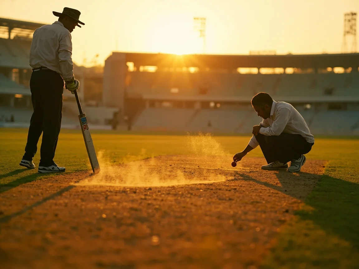 Match official inspecting the surface near sunset as a groundskeeper tests for light dew