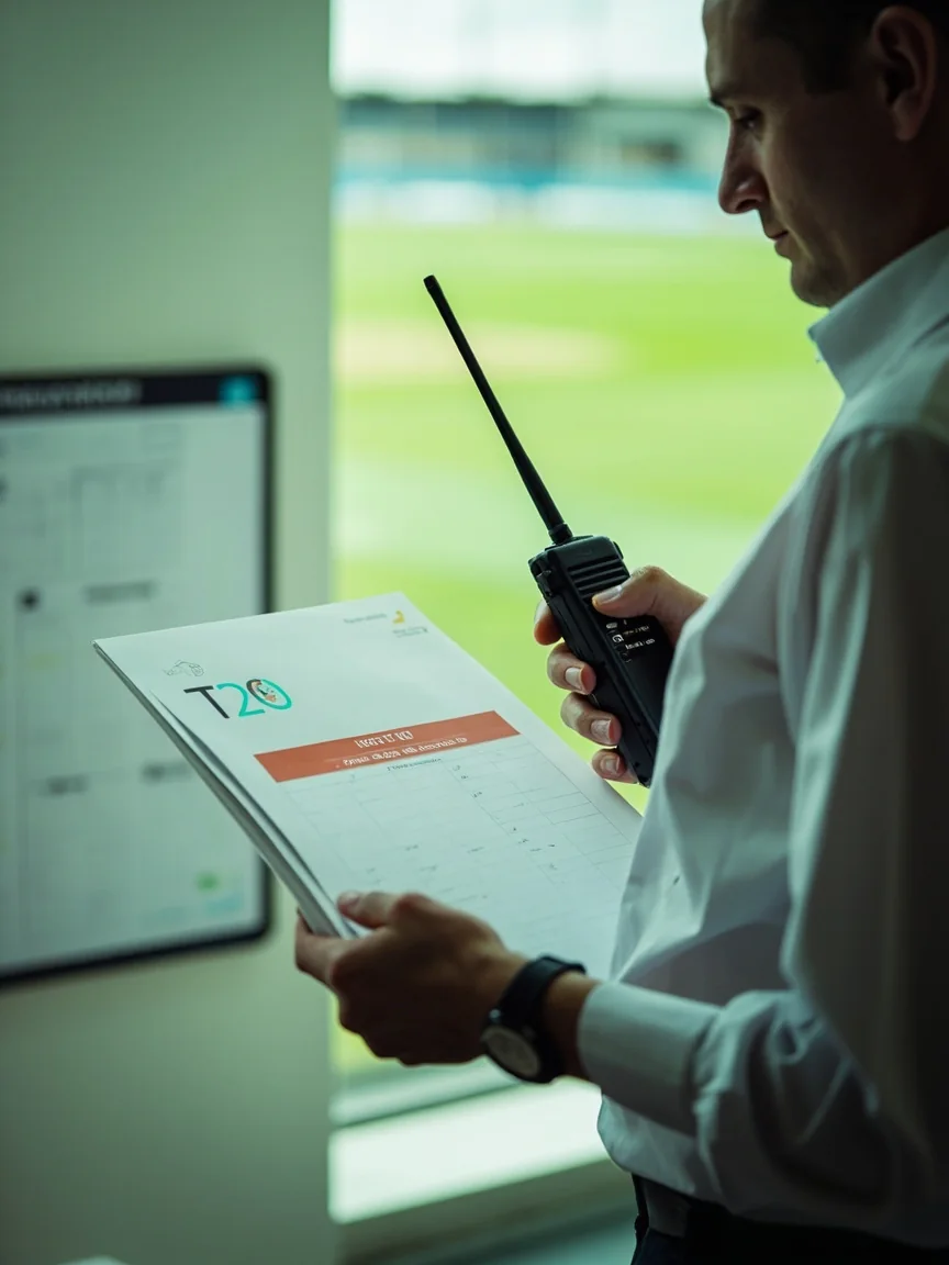 Match referee and broadcast crew reviewing schedule sheets before a fixture