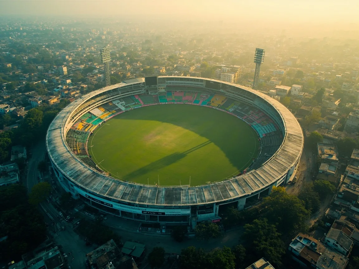 Indian cricket ground viewed from the stands with spectators arriving early