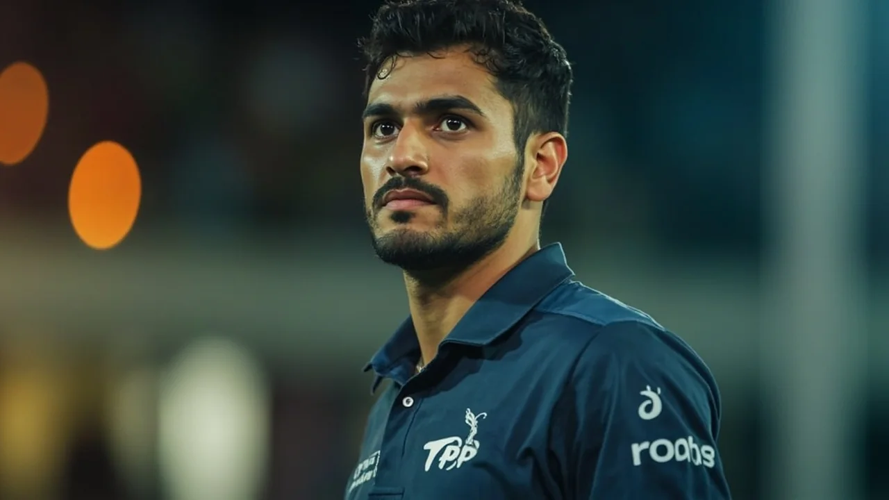 A senior India batter in a close-up frame, focused during a net session under floodlights