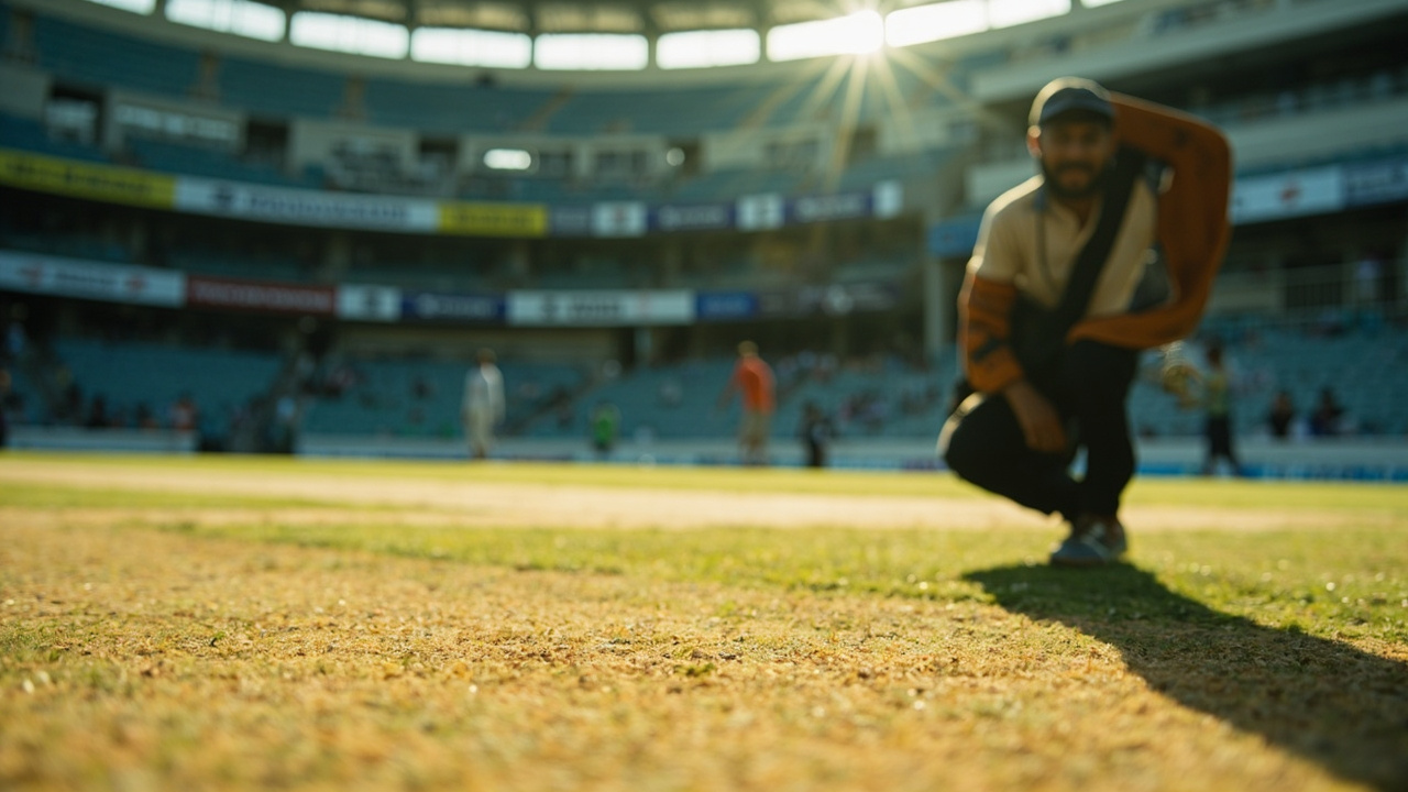 Officials measuring the boundary rope at an IPL venue before play