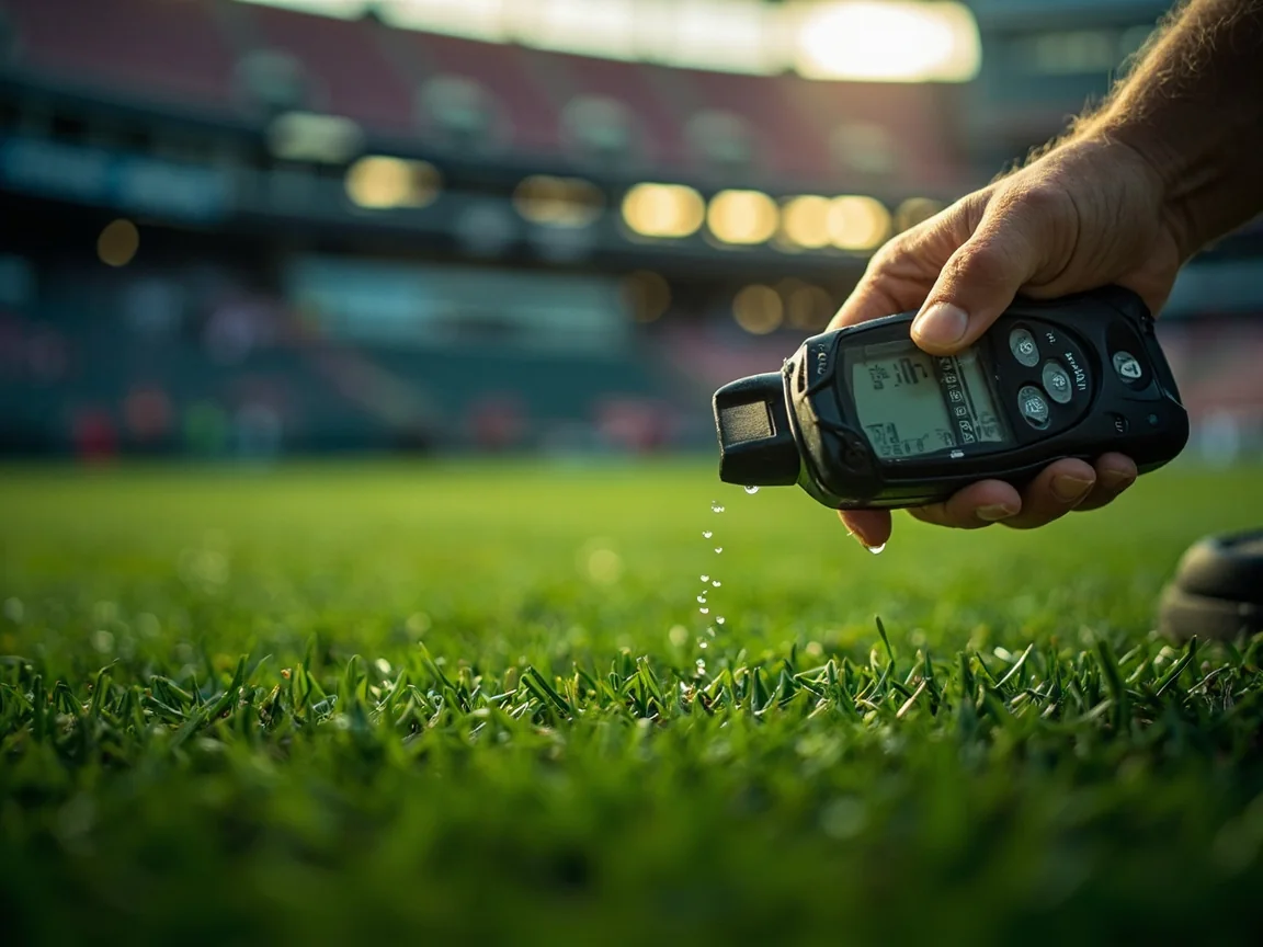 Groundskeeper testing for dew on the outfield at sunset